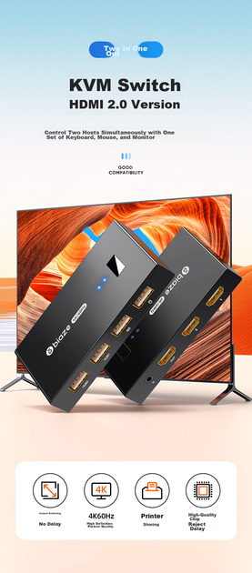 KVM-перемикач Biaze KVM03 2-портовий HDMI 4K - Фото 2 KVM-перемикач Biaze KVM03 2-портовий HDMI 4K - зображення 2
