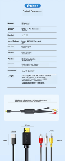Кабель-преобразователь BIAZE ZH259 HDMI на AV черный 1 м (ZH259-1m) - изображение 10