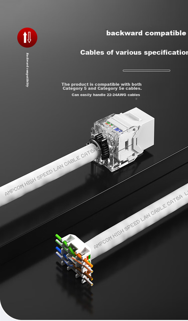 Модуль AMPCOM AMC6A228WT Keystone RJ-45 UTP Cat 6a безінструментальний на 2 порти Золотисто-білий - Фото 13 Модуль AMPCOM AMC6A228WT Keystone RJ-45 UTP Cat 6a безінструментальний на 2 порти Золотисто-білий - зображення 13