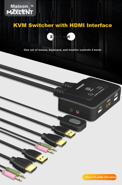 KVM-перемикач MAXCENT AE-102HA 2-портовий HDMI-USB з підтримкою звуку - Фото 3 KVM-перемикач MAXCENT AE-102HA 2-портовий HDMI-USB з підтримкою звуку - зображення 3