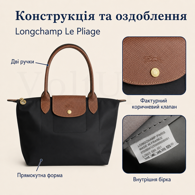 Сумка-тоут Longchamp Le Pliage черная размер L - большая женская с коричневыми ручками для города работы и путешествий - изображение 3