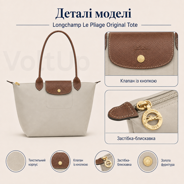 Сумка-тоут Longchamp Le Pliage Original Tote бежевая размер M - женская с коричневыми ручками 28×26,5×15,5 см - изображение 3