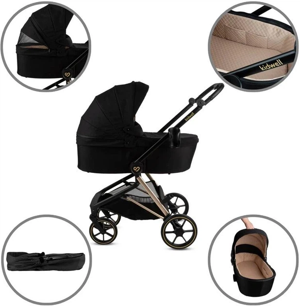 Детская универсальная коляска 2 в 1 Kidwell Velmont Black/Gold (люлька и прогулочный блок, амортизация, легкая алюминиевая рама) - изображение 10