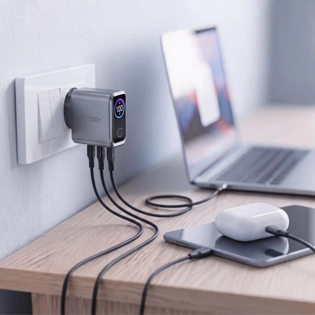 Сетевое зарядное устройство Tech-Protect PowerVision NC100W-GAN 3-Port PD 100W / QC3.0 Dark Grey (5906302324453) - Фото 8 Сетевое зарядное устройство Tech-Protect PowerVision NC100W-GAN 3-Port PD 100W / QC3.0 Dark Grey (5906302324453) - изображение 8