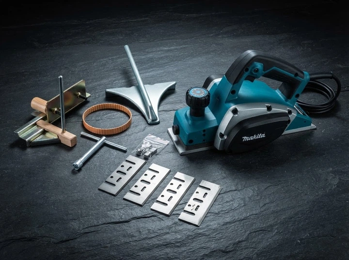 Электрорубанок Makita 1000 Вт рубанок электрический 82 мм для дерева 16000 об мин сетевой 2 мм строгания древесины с регулировкой глубины параллельным упором подключением пылесоса пылесборника ножами - изображение 4