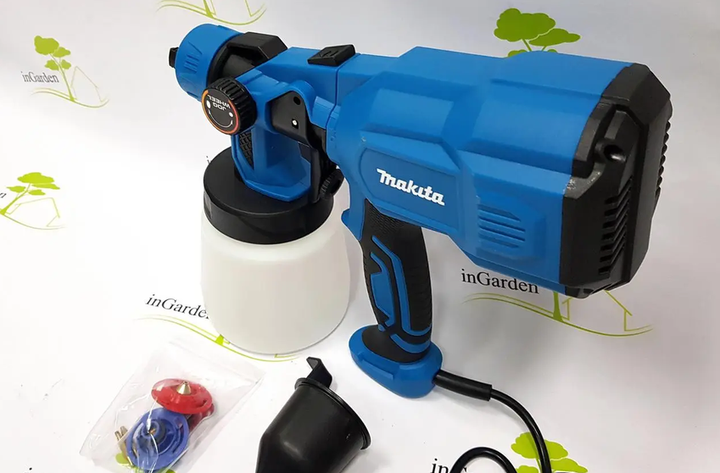 Фарбопульт Makita AH550L 650 Вт електричний краскопульт розпилювач фарби 220 В з вбудованим компресором баком 800 мл продуктивністю 550 мл хв трьома соплами 2 2.5 3 мм регулюванням подачі матеріалу ширини факела в’язкість 60 DIN для фарбування - зображення 8