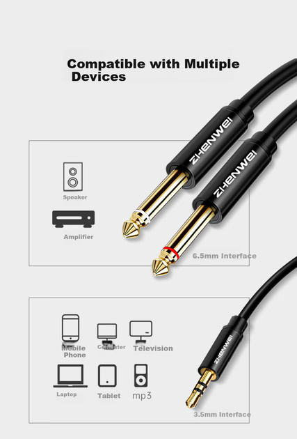Аудиокабель ZHENWEI Mini Jack 3.5 мм - 2 x Jack 6.35 мм, 10 м, черный (ZW-YPX140) - изображение 3