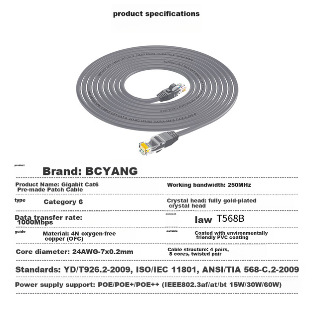 Патч-корд BOYANG BY-615H Cat 6 1 Гбит/с медь 24AWG PoE 15 м Серый - изображение 6