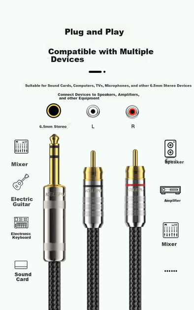 Аудиокабель KELEPU 6.3 мм — 2 × RCA, 10 м - Фото 2 Аудиокабель KELEPU 6.3 мм — 2 × RCA, 10 м - изображение 2