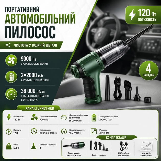 Портативний автомобільний пилосос XL-1962 120 Вт 9000 Па, бездротовий ручний пилосос для авто Multifunction Vacuum Cleaner - зображення 2