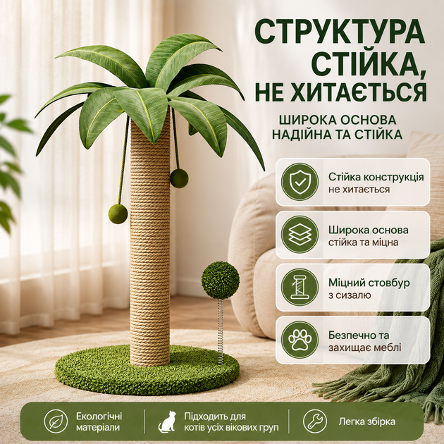 Когтеточка для кошек в виде пальмы с сизалевым столбиком и игрушками 63×41 см PP-63 - изображение 3