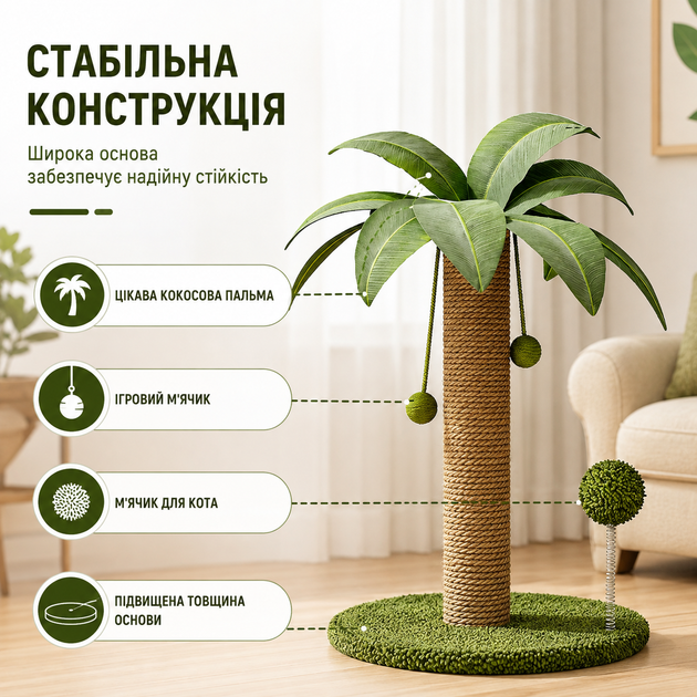 Когтеточка для кошек в виде пальмы с сизалевым столбиком и игрушками 63×41 см PP-63 - изображение 4