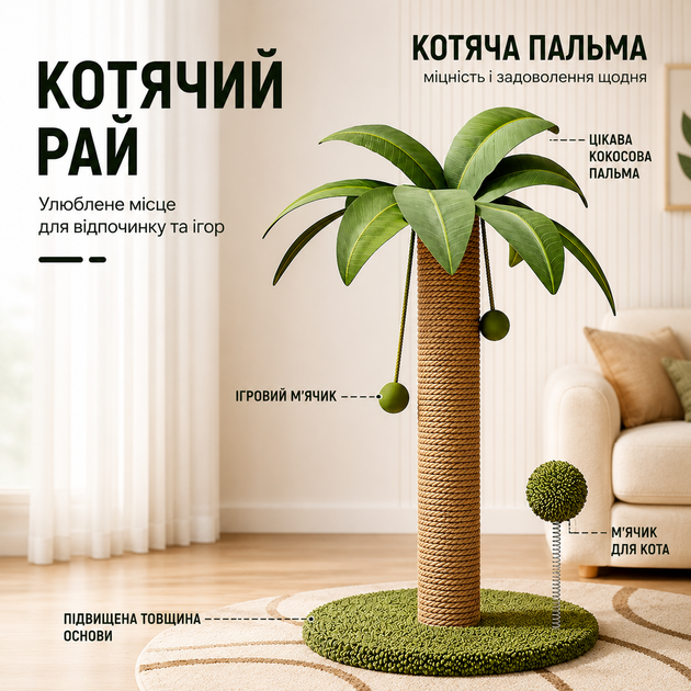 Когтеточка для кошек в виде пальмы с сизалевым столбиком и игрушками 63×41 см PP-63 - изображение 5