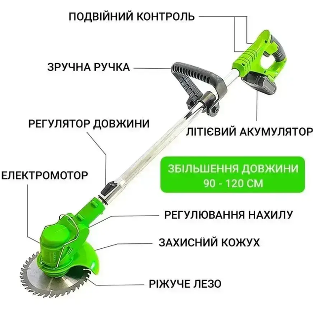 Акумуляторний тример-газонокосарка 48V з колесами, бездротова коса для трави та бур’янів з 2 АКБ - зображення 7