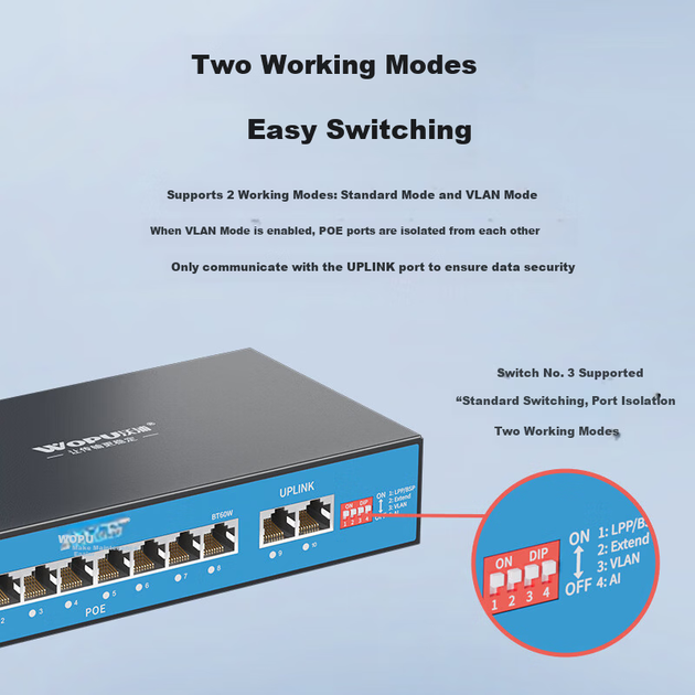 Wopool 8-портовый PoE-коммутатор с полным гигабитным питанием, 8 портами Ethernet + 2 портами восходящей связи, камерами видеонаблюдения, сетевым разветвителем, коммутатором корпоративного уровня и функцией сторожевого таймера. - изображение 11