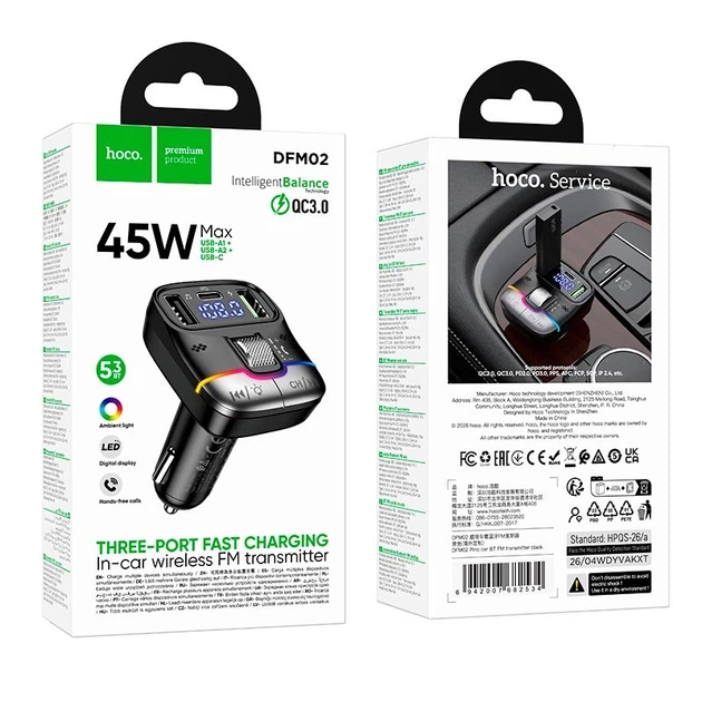 FM-трансмітер HOCO DFM02 Pino car with Bluetooth PD45W QC3.0 Black - Фото 8 FM-трансмітер HOCO DFM02 Pino car with Bluetooth PD45W QC3.0 Black - зображення 8