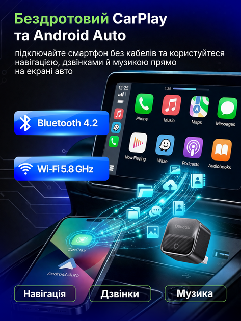 Адаптер carplay android для авто карплей андроид беспроводной CarPlay Android Auto Ottocast Mini Core 3 in 1 Bluetooth Wi-Fi plug play мини переходник wireless для штатной магнитолы подключение iPhone без кабеля компактный смарт - изображение 6