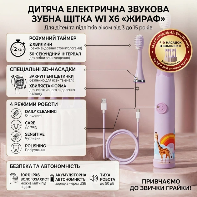 Детская электрическая зубная щетка звуковая аккумуляторная Wi X6 Жираф (6 насадок) - изображение 2