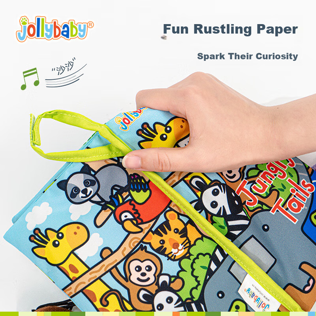 Развивающая игрушка-книжка Jollybaby из ткани для малышей от 0 до 6 месяцев, жевательная, рвущаяся, моющаяся, с изображением хвоста животного из джунглей. - изображение 8