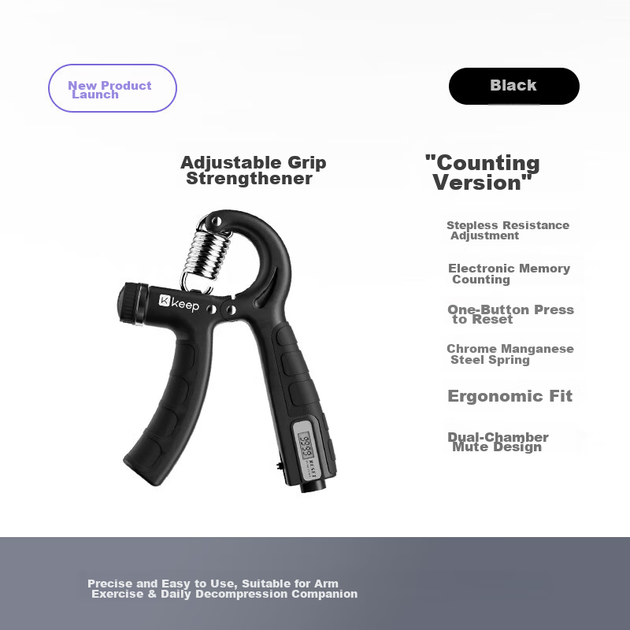 Регулируемый тренажер для укрепления хвата Keep Adjustable Counting Grip Strengthener для тренировки рук, реабилитационный мяч для запястья для мужчин, тренировка рук для детей, черный. - зображення 5