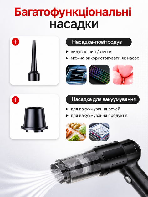 Пилосос автомобільний акумуляторний бездротовий потужний, ручний пилосос для авто з 4 насадками та 1 акумулятором, портативний пилосос для салону автомобіля та прибирання, компактний автомобільний пилосос - зображення 2