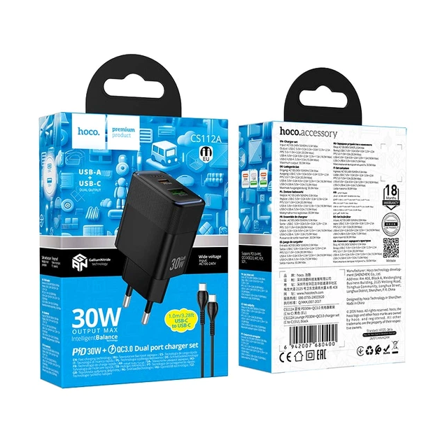 Мережевий зарядний пристрій Hoco CS112A 30W швидке заряджання QC PD 2 USB Type-C чорний - зображення 8