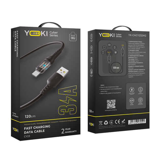 Кабель USB YOKI CYBER YK-CY23 Type-C 3A 1.2m прочный с текстурированной оплеткой черный - изображение 6