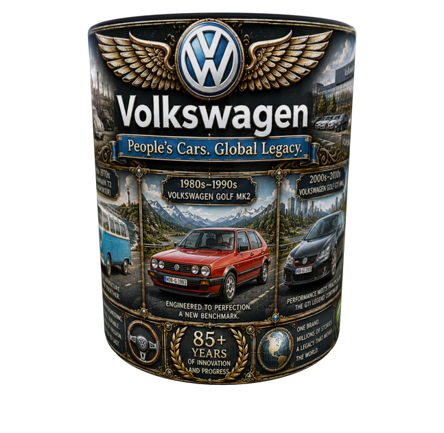 Кружка (чашка) с принтом история Volkswagen | серия AUTO LEGENDS | Керамическая 330 мл(чёрная ручка) - изображение 3
