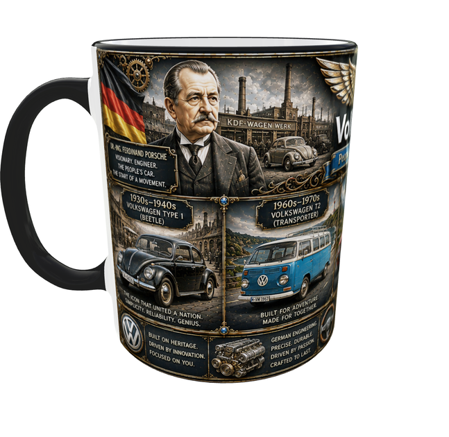 Кружка (чашка) с принтом история Volkswagen | серия AUTO LEGENDS | Керамическая 330 мл(чёрная ручка) - изображение 7
