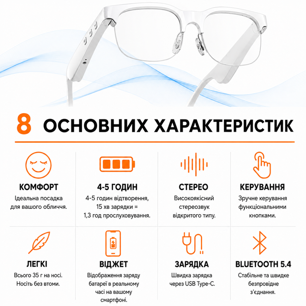 Умные беспроводные очки 2-в-1 ANKRIYUL со встроенными беспроводными наушниками и микрофоном для телефона, Type-C. Белые - Фото 7 Умные беспроводные очки 2-в-1 ANKRIYUL со встроенными беспроводными наушниками и микрофоном для телефона, Type-C. Белые - изображение 7
