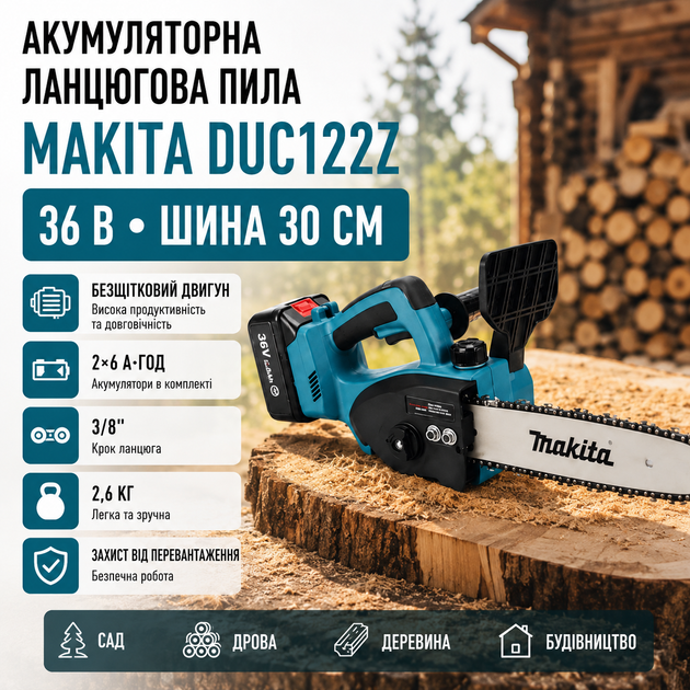 Акумуляторна ланцюгова пила Makita DUC122Z 36 В електропила безщіткова з шиною 30 см 6 А·год кроком 3/8 дюйма садова пилка з автозмащуванням безключовим натягуванням гальмом регулюванням обертів для дерев дров обрізання саду будівельних робіт 2 АКБ - зображення 2