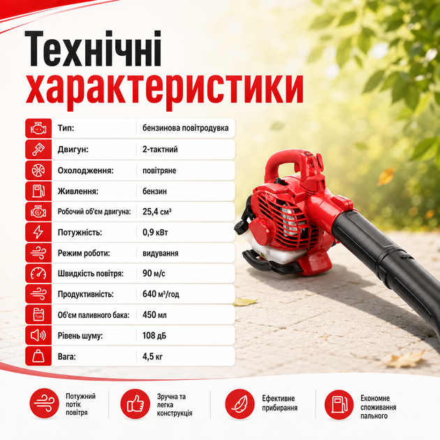 Бензиновая воздуходувка 0,9 кВт, садовая для листьев и мусора с 2-тактным двигателем - изображение 4