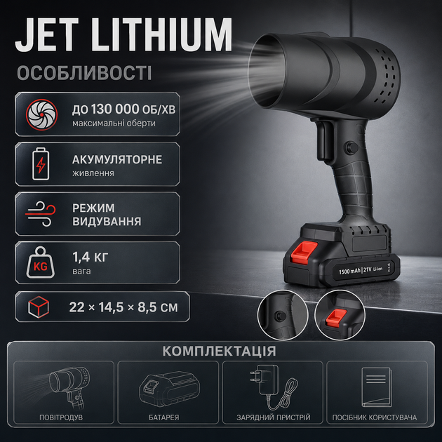 Турбофен для авто 130000 об хв акумуляторний повітродув Jet Lithium бездротовий вентилятор портативний для видування пилу очищення салону продування щілин автомобіля - зображення 2