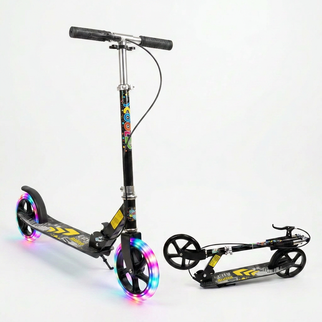 Самокат двухколесный складной со светящимися LED колесами 200 мм Scooter City Riding 671-2 Black-Yellow - изображение 4