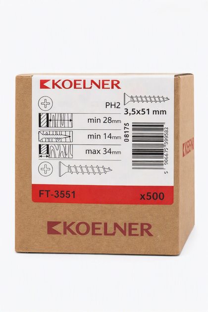 Саморіз г/к до дерева 3,5x 51мм, фосфатований, KOELNER, FT-3551 (500 шт) - зображення 2