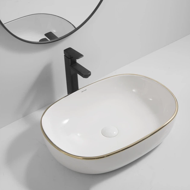 Умывальник накладной Mixxus Premium Ellipse-0105 Edge Gold 600х400 овальный, белый (MP6564) - Фото 2 Умывальник накладной Mixxus Premium Ellipse-0105 Edge Gold 600х400 овальный, белый (MP6564) - изображение 2