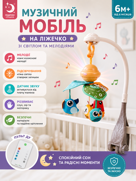 Детский музыкальный мобиль-карусель HL 2020-76 с подсветкой, мелодией, вращением и прищепкой для коляски - Фото 1 Детский музыкальный мобиль-карусель HL 2020-76 с подсветкой, мелодией, вращением и прищепкой для коляски - изображение 1