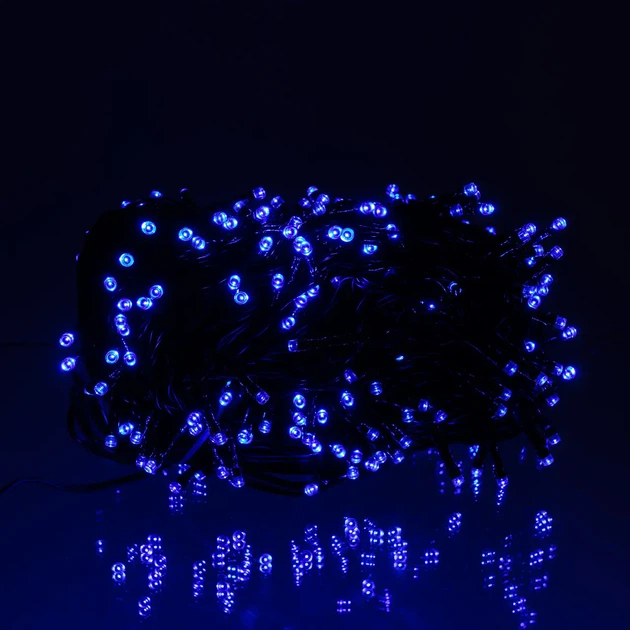 Новогодняя гирлянда уличная 30 м 300 LED Синяя черный провод с солнечной батареей + питание от сети, пульт 8 режимов работы - изображение 3