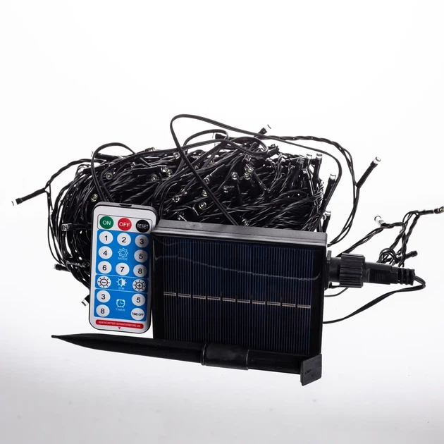 Светодиодная уличная гирлянда 30 м 300 LED Белая черный провод с пультом и солнечной панелью влагозащищенная IP65 8 режимов работы - изображение 7