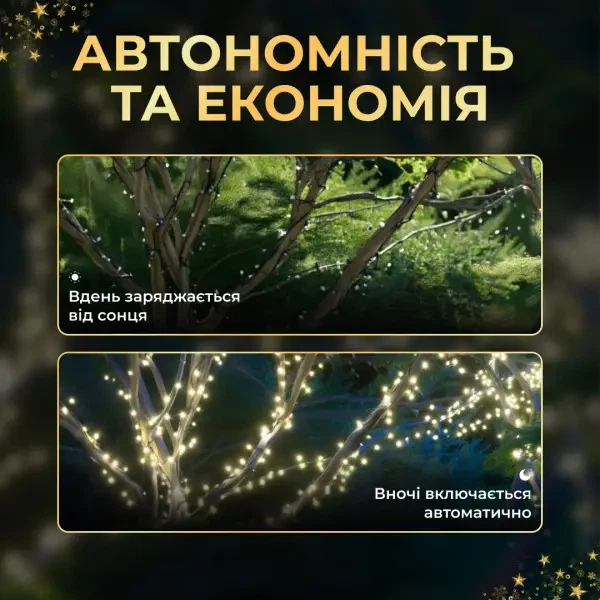 Светодиодная уличная гирлянда 50 м 500 LED Желтая черный провод с пультом и солнечной панелью IP65 8 режимов работы - изображение 7