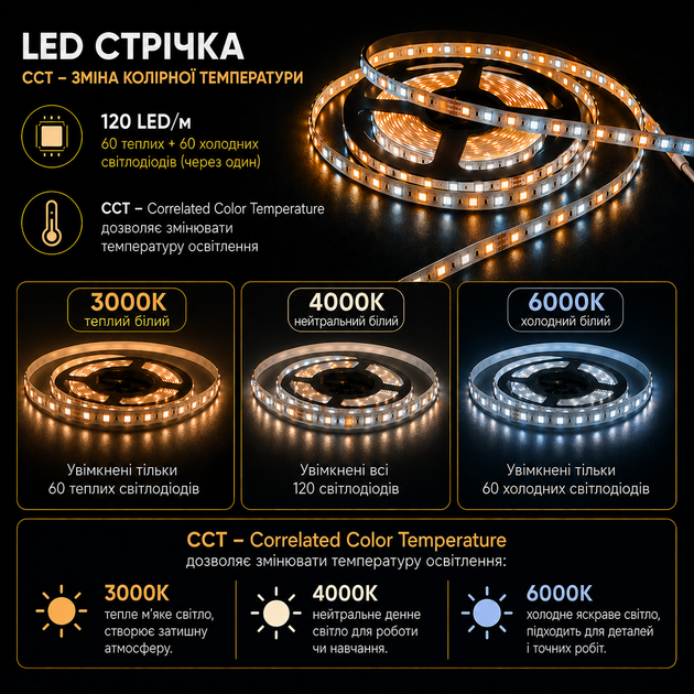 Світлодіодна LED CCT стрічка комплект 2 метри з кнопками USB 5V 120 led на метр з можливістю регулювати колірну температуру - зображення 4