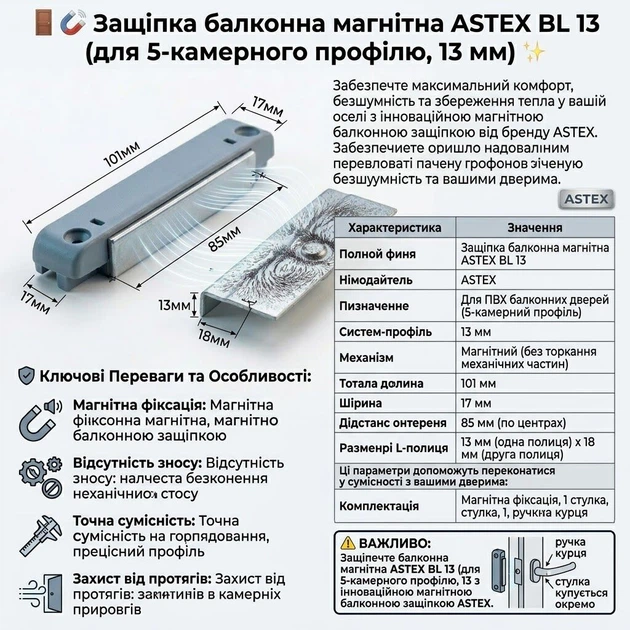 Защіпка балконна для 5 камерного профілю ASTEX BL 13 магнітна - изображение 5