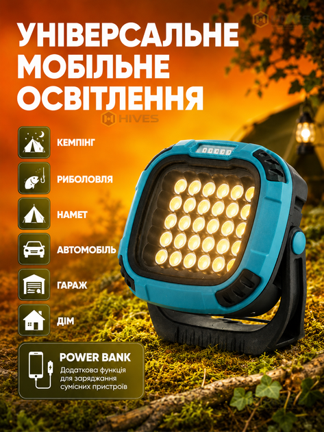 Ліхтар кемпінговий акумуляторний 30 COB + 5 SMD, 6 режимів, Power Bank, USB Type-C, 2×18650, магніт і гачок - зображення 5