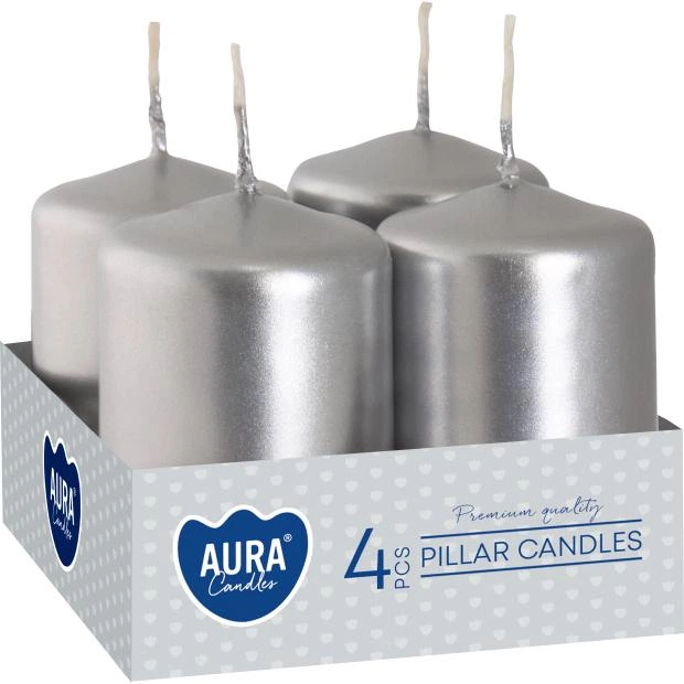 Комплект свічок циліндр Aura (Bispol) 4х6 см. 4шт Срібні (27367) - Фото 1 Комплект свічок циліндр Aura (Bispol) 4х6 см. 4шт Срібні (27367) - зображення 1