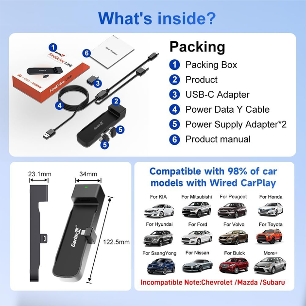 Carlinkit Car TV Mate HDMI адаптер для авто з дротовим CarPlay, 1080P 60Hz, Wi-Fi, Plug&Play, для Fire TV Stick, ТВ-приставок - зображення 10