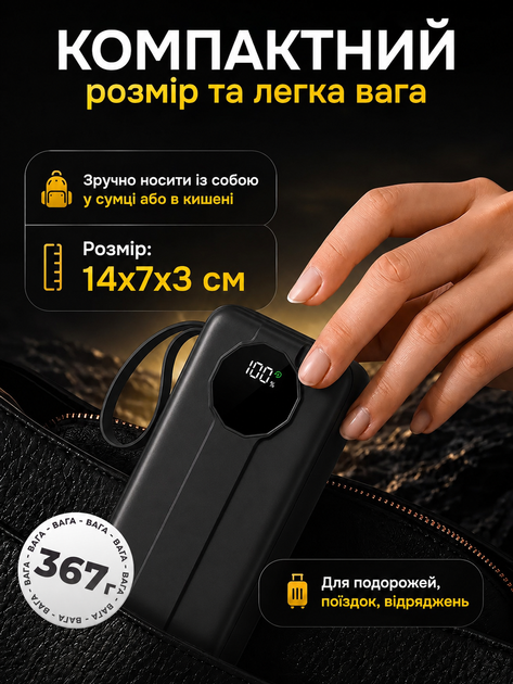 Повербанк FOYU FO-9021 30000 мАг Power Bank зовнішній акумулятор 22,5 Вт швидка зарядка Power Delivery для телефона смартфона iPhone планшета з 2 вбудованими кабелями USB Type-C Lightning LED дисплеєм ліхтариком ремінцем на 3 пристрої чорний - Фото 3 Повербанк FOYU FO-9021 30000 мАг Power Bank зовнішній акумулятор 22,5 Вт швидка зарядка Power Delivery для телефона смартфона iPhone планшета з 2 вбудованими кабелями USB Type-C Lightning LED дисплеєм ліхтариком ремінцем на 3 пристрої чорний - зображення 3