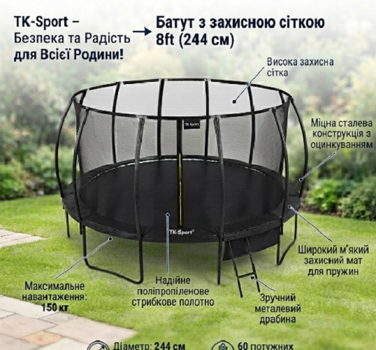 Батут TK-Sport диаметр 244 см, с защитной сеткой, на пружинах, черный (4969) - изображение 3
