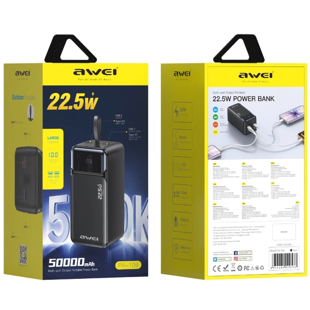 УМБ AWEI PA-106 50000 mAh 22.5W Black (6954284029537) - Фото 2 УМБ AWEI PA-106 50000 mAh 22.5W Black (6954284029537) - зображення 2