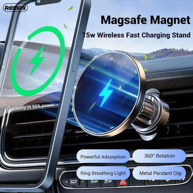 Автотримач для телефона з БЗП REMAX MagSafe Magnetic 15W Wireless Charging Car Mount RM-C01 Black - Фото 7 Автотримач для телефона з БЗП REMAX MagSafe Magnetic 15W Wireless Charging Car Mount RM-C01 Black - изображение 7