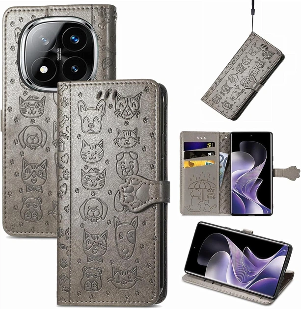 Чехол Embossed Cat and Dog для Xiaomi Redmi Note 15 Pro 5G книжка кожа PU с визитницей серый - Фото 1 Чехол Embossed Cat and Dog для Xiaomi Redmi Note 15 Pro 5G книжка кожа PU с визитницей серый - изображение 1